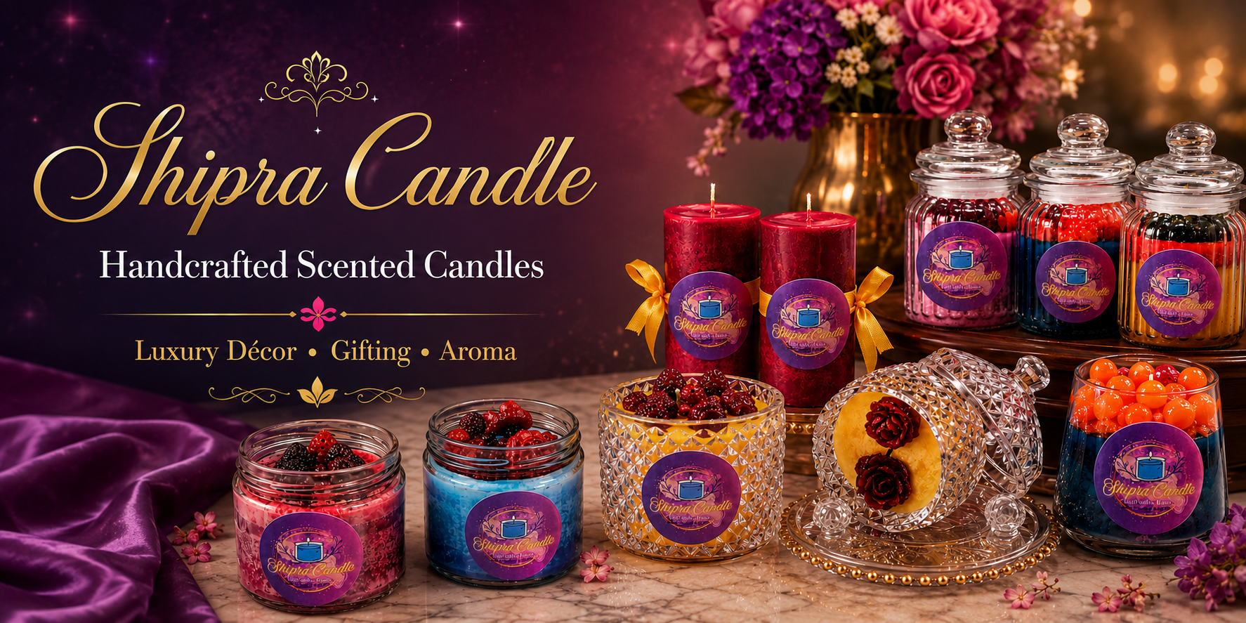 Shipra Candle handcrafted scented candle collection arranged in a luxury floral setting